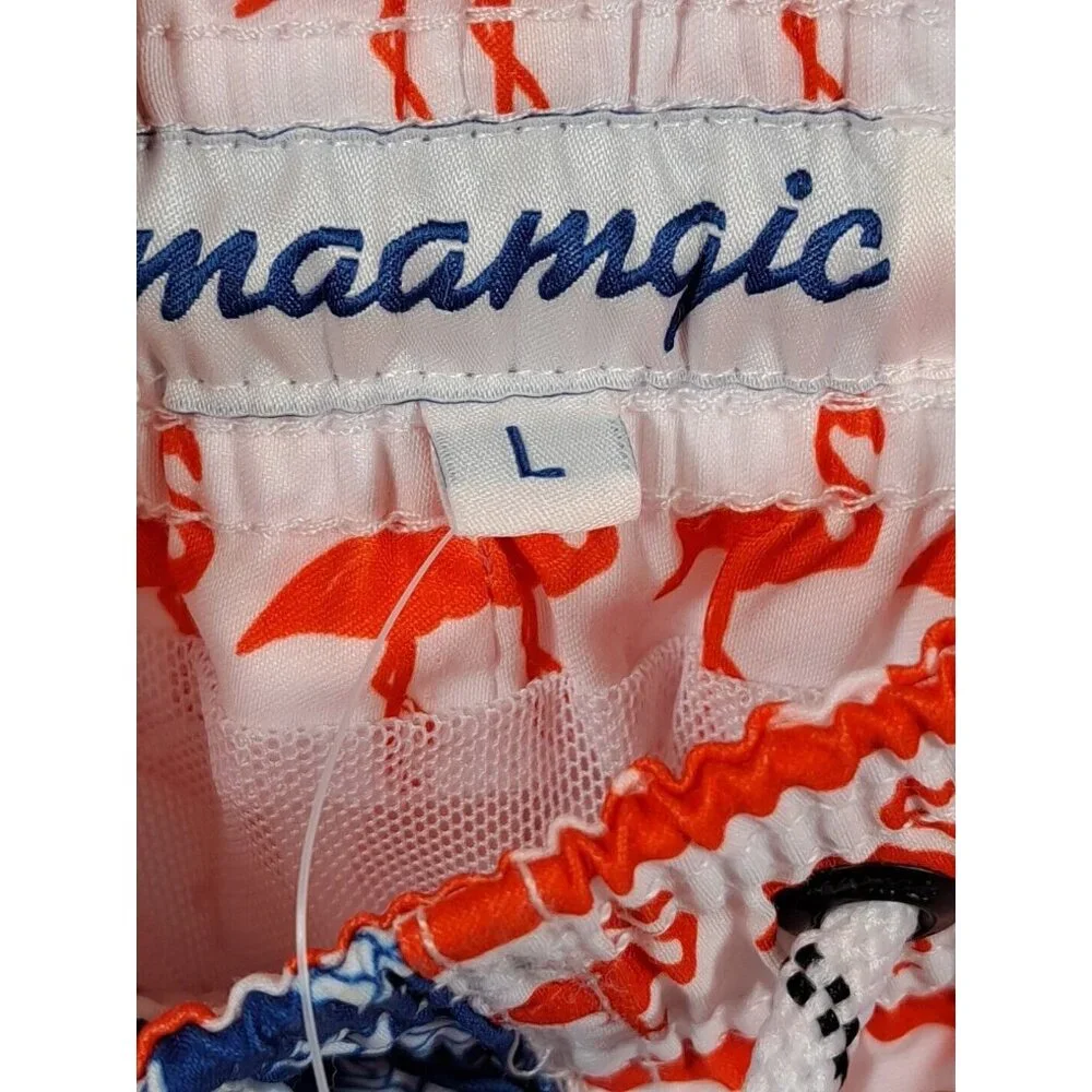 NWT Maamgic Swim Trunks Pineapple Flamingo Shorts Mesh Mens Size Large Blue Pink